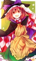 Rule 34 | 1girl, adapted costume, apron, bell, bow, cape, hat, hat bow, japanese clothes, kimono, kutsuki kai, long sleeves, looking at viewer, motoori kosuzu, open mouth, red eyes, red hair, smile, solo, star (symbol), touhou, witch hat