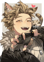 Rule 34 | 1boy, animal ear fluff, animal ears, artist name, black gloves, black hair, blonde hair, boku no hero academia, cat boy, cat ears, cat tail, claw pose, commentary, dog tags, ear piercing, fangs, fingerless gloves, fingernails, fur-trimmed jacket, fur trim, gloves, hawks (boku no hero academia), heart, jacket, kadeart, long sleeves, looking at viewer, lower teeth only, multicolored hair, open mouth, outside border, piercing, sharp teeth, slit pupils, streaked hair, symbol-only commentary, tail, teeth, thick eyebrows, tongue, uneven eyes, upper body, upper teeth only, yellow eyes