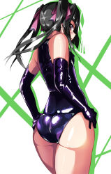 Rule 34 | 1girl, ass, black gloves, black hair, black leotard, blunt bangs, blush, breasts, closed mouth, commentary request, covered erect nipples, dokkanohukukaityou, elbow gloves, from behind, gloves, hands on own hips, highres, legs together, leotard, long hair, looking at viewer, looking back, pink eyes, senki zesshou symphogear, shiny clothes, shiny skin, simple background, skin tight, small breasts, solo, standing, tsukuyomi shirabe, twintails, white background