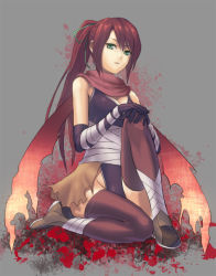 Rule 34 | 1girl, assassin (ragnarok online), breasts, brown thighhighs, cleavage, cuboon, elbow gloves, frown, full body, gloves, green eyes, grey background, ragnarok online, red hair, scarf, sitting, solo, swept bangs, thighhighs