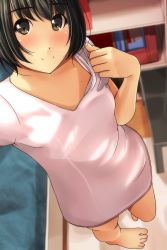 Rule 34 | 1girl, absurdres, barefoot, bed, black hair, blurry, blurry background, blush, breasts, brown eyes, closed mouth, coffee table, depth of field, foreshortening, from above, hair between eyes, head tilt, highres, indoors, matsunaga kouyou, original, reaching, reaching towards viewer, selfie, shirt, short sleeves, small breasts, smile, solo, standing, standing on one leg, table, toenails, white shirt