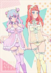 Rule 34 | 2girls, aikatsu! (series), aikatsu stars!, babydoll, babydoll lift, bare shoulders, blue hair, blunt bangs, blush, bow, bow panties, candy earrings, choker, closed mouth, collarbone, commentary request, cone hair bun, cowboy shot, detached sleeves, dot mouth, double bun, doughnut hair bun, earrings, eyelashes, frilled babydoll, frilled choker, frilled hairband, frilled panties, frilled straps, frills, garter straps, green bow, green eyes, green nails, green ribbon, group name, hair bow, hair bun, hair down, hair ribbon, hairband, hanazono kirara, heart, heart choker, highres, jewelry, knees together feet apart, lingerie, lips, lipstick, long hair, looking away, looking down, looking to the side, makeup, moyashi (m-planter), multicolored background, multicolored hair, multiple girls, nail polish, navel, negligee, orange hair, panties, pink bow, pink hair, pink lips, pink nails, pinky swear, polka dot, polka dot background, polka dot bow, polka dot ribbon, pom pom (clothes), pom pom earrings, purple babydoll, purple legwear, purple panties, ribbon, ribbon choker, saotome ako, see-through, shiny skin, sidelocks, spaghetti strap, star (symbol), star print, streaked hair, thigh gap, thigh strap, thighhighs, underwear, underwear only, yellow bow, yellow hairband, yellow panties, yellow ribbon, yuri