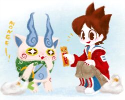 Rule 34 | 1boy, amano keita, blue footwear, blush, brown eyes, brown hair, brown pants, dot nose, food, full body, hand on own knee, holding, holding food, jacket, komasan, looking at another, male focus, marking on cheek, nonana (mikudrop), open mouth, pants, red jacket, romaji text, sparkling eyes, squatting, youkai watch