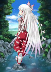 Rule 34 | 1girl, bad id, bad pixiv id, bow, day, female focus, from behind, fujiwara no mokou, hair bow, hands in pockets, long hair, looking back, nature, pants, red eyes, river, shoes, sky, solo, suspenders, tks (526tks), touhou, very long hair, walking, white hair