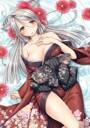 Rule 34 | 1girl, absurdres, animal ears, bare shoulders, blush, breasts, breasts apart, brown kimono, camellia, collarbone, cowboy shot, cropped, floral print, flower, from above, grey hair, hair between eyes, hair flower, hair ornament, hand on own chest, hand up, highres, japanese clothes, kimono, legs together, long hair, long sleeves, looking at viewer, lying, medium breasts, non-web source, obi, off shoulder, on back, open mouth, original, parted bangs, parted lips, red flower, sash, scan, shiny skin, side slit, sidelocks, solo, tail, theta (ponkotsu works), tiger ears, tiger girl, tiger tail, toranoana, wide sleeves, yellow eyes, yukata
