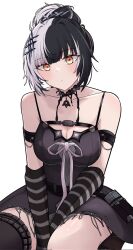 Rule 34 | 1girl, alternate hairstyle, arm warmers, artist name, asymmetrical legwear, belt, black belt, black choker, black dress, black hair, blush, boots, breasts, chest strap, choker, cleavage, collarbone, dress, grey hair, hair bun, highres, hololive, hololive english, jewelry, kneehighs, lace, lace choker, large breasts, long hair, looking at viewer, mismatched legwear, multicolored hair, parted lips, rinny rin2, shiori novella, shiori novella (1st costume), sidelocks, sitting, sleeveless, sleeveless dress, socks, solo, split-color hair, striped, upper body, virtual youtuber, white background, yellow eyes