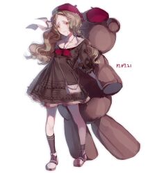 Rule 34 | 1girl, bag, beret, black dress, black socks, brown hair, dated, dress, full body, grey bag, hair ornament, hairpin, handbag, hat, highres, holding, holding stuffed toy, kneehighs, large teddy bear, long hair, looking at viewer, multiple hairpins, original, parted bangs, parted lips, red hat, shoes, simple background, single kneehigh, single sock, smile, socks, solo, standing, stuffed animal, stuffed toy, tachi-e, tears namida, teddy bear, wavy hair, white background