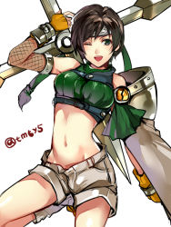 Rule 34 | 1990s (style), 1girl, ;d, black hair, crop top, female focus, final fantasy, final fantasy vii, forehead protector, gloves, green eyes, midriff, navel, one eye closed, open mouth, retro artstyle, shoes, short hair, short shorts, shorts, shuriken, sleeveless, sleeveless turtleneck, smile, solo, tama (tmfy5), turtleneck, twitter username, weapon, white background, yuffie kisaragi