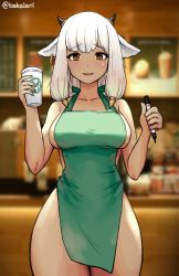 Rule 34 | 1girl, akalari, animal ears, apron, ash (fire emblem), barista, black horns, blurry, blurry background, blush, breasts, brown eyes, collarbone, cow ears, cow girl, cow horns, cup, dark-skinned female, dark skin, disposable cup, ear piercing, fire emblem, fire emblem heroes, green apron, highres, holding, holding cup, horns, iced latte with breast milk (meme), looking at viewer, meme, naked apron, nintendo, piercing, solo, starbucks, twitter username, white hair