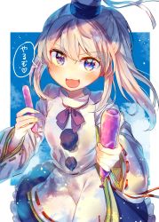 Rule 34 | 1girl, :d, blue eyes, blue hat, blue skirt, blue sky, cloud, food, grey hair, hat, highres, holding, holding food, itsumizu, japanese clothes, kariginu, long sleeves, looking at viewer, medium hair, mononobe no futo, open mouth, outside border, pom pom (clothes), ponytail, popsicle, ribbon-trimmed sleeves, ribbon trim, skirt, sky, smile, solo, speech bubble, tate eboshi, touhou, translation request, wide sleeves