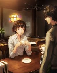 Rule 34 | 10s, 1boy, 1girl, amamiya ren, anbe yoshirou, black hair, blunt bangs, book, braid, brown eyes, brown hair, cafe, chair, coffee cup, coffee pot, collared shirt, counter, crown braid, cup, disposable cup, elbow rest, glasses, highres, holding, holding cup, indoors, long sleeves, looking at another, niijima makoto, parted lips, persona, persona 5, plant, potted plant, profile, red eyes, saucer, shirt, short hair, smile, steam, twitter username, white shirt