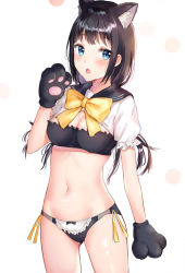Rule 34 | 1girl, animal ear fluff, animal ears, animal hands, black bra, black gloves, black hair, black panties, black sailor collar, blue eyes, blush, bow, bow panties, bra, breasts, cat ears, chestnut mouth, cleavage, cowboy shot, gloves, hand up, kubong, long hair, looking at viewer, navel, open mouth, original, panties, paw gloves, puffy short sleeves, puffy sleeves, sailor collar, short sleeves, simple background, small breasts, solo, underwear, very long hair, white background, yellow bow