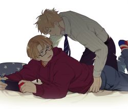 Rule 34 | 2boys, america (hetalia), american flag, american flag print, axis powers hetalia, black pants, blonde hair, blue eyes, collared shirt, feet up, flag print, glasses, green eyes, hand around waist, highres, hood, hoodie, huacai, long shirt, looking at another, lying, multiple boys, nintendo switch, on bed, on stomach, open mouth, pants, pillow, print pillow, red hoodie, shirt, sweatpants, united kingdom (hetalia), yaoi