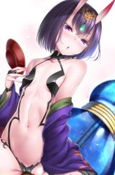Rule 34 | 1girl, bare shoulders, bespectacled, black panties, bob cut, breasts, cleft of venus, collarbone, cup, fate/grand order, fate (series), glasses, gourd, half-closed eyes, headpiece, highres, horns, japanese clothes, jewelry, looking at viewer, navel, nironiro, oni, open mouth, panties, purple eyes, purple hair, revealing clothes, sakazuki, short hair, shuten douji (fate), shuten douji (first ascension) (fate), skin-covered horns, small breasts, solo, stomach, underwear
