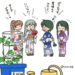 Rule 34 | 4girls, alternate costume, blue kimono, blush stickers, brown hair, bud, closed eyes, commentary request, floral print, flower, full body, green hair, grey hair, hair flower, hair ornament, hand fan, japanese clothes, kantai collection, kimono, kumano (kancolle), long hair, mikuma (kancolle), mogami (kancolle), multiple girls, nao (nao eg), official alternate costume, pants, paper fan, passion flower, plant, potted plant, purple kimono, shirt, short hair, shorts, simple background, smile, standing, suzuya (kancolle), swept bangs, t-shirt, translation request, twintails, twitter username, uchiwa, vines, watering can, white background, white shirt, yukata, | |