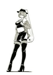 Rule 34 | 1girl, arm at side, bare shoulders, bespectacled, black footwear, black thighhighs, boots, breasts, casual, cleavage, closed mouth, collarbone, contrapposto, crop top, fedora, full body, glasses, greyscale, hair over one eye, hat, high heel boots, high heels, highres, hisham halipah, jacket, legs apart, long sleeves, medium breasts, midriff, miniskirt, mole, mole under mouth, monochrome, navel, nier (series), nier:automata, nose, off shoulder, open clothes, open jacket, short hair, side slit, simple background, skirt, sleeveless, sleeves past wrists, solo, standing, thigh boots, thighhighs, thighhighs under boots, white background, 2b (nier:automata)