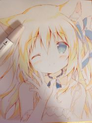 Rule 34 | 1girl, ;), animal ear fluff, animal ears, bare shoulders, black ribbon, blonde hair, blue bow, blue eyes, blush, bow, cat ears, closed mouth, collarbone, commentary request, dress, hair between eyes, hair bow, hand up, highres, long hair, looking at viewer, neck ribbon, one eye closed, original, photo (medium), ribbon, shiratama (shiratamaco), sleeveless, sleeveless dress, smile, solo, traditional media, upper body, waving, white dress