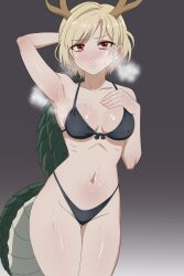 Rule 34 | 1girl, absurdres, arm up, armpits, bikini, black bikini, blonde hair, blush, breasts, breath, closed mouth, collarbone, commentary request, cowboy shot, dragon horns, dragon tail, expressionless, fingernails, front-tie bikini top, front-tie top, gradient background, hand on own chest, highres, horns, kicchou yachie, legs together, looking at viewer, medium breasts, morikawa (morikawa-no2), navel, red eyes, ribs, shiny skin, short hair, solo, standing, steaming body, sweat, swimsuit, tail, touhou