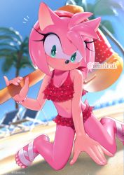 Rule 34 | 1girl, alternate costume, amy rose, animal ears, animal nose, aqua eyes, artist name, backlighting, bad id, bad pixiv id, bare shoulders, beach, beach chair, bikini, blue sky, blurry, blurry background, blush, bracelet, breasts, cleavage, closed mouth, colored skin, day, dutch angle, female focus, frilled bikini, frills, furry, furry female, hairband, hammer, hand up, heart, holding, holding hammer, holding weapon, iiimirai, jewelry, kneeling, looking at viewer, multicolored skin, nail polish, navel, notice lines, on ground, outdoors, over shoulder, palm tree, toy hammer, pink hair, pink nails, pinky out, red bikini, red hairband, sand, sandals, short hair, sky, small breasts, solo, sonic (series), stomach, swimsuit, tail, tree, twitter username, two-tone skin, watermark, weapon, weapon over shoulder, white footwear, white skin