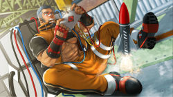 Rule 34 | 1boy, abs, bag, bara, biceps, blush, building, burning, buzz cut, cable, crop top, fire, gloves, grey eyes, grey hair, gyee, jack (gyee), jacket, male focus, manly, mizuki gai, muscular, muscular male, nervous, official art, on floor, open clothes, open jacket, open mouth, pants, pectoral cleavage, pectorals, raised eyebrows, rocket, rocket launcher, shoes, short hair, sideburns, sitting, solo, sweat, sweatdrop, tablet, thick arms, thick eyebrows, unzipped, very short hair, weapon, workshop