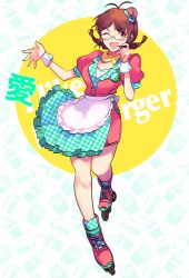 Rule 34 | 1girl, absurdres, akizuki ritsuko, antenna hair, apron, badge, black-framed eyewear, blush, braid, breasts, brown eyes, brown hair, burger, burger skater (idolmaster), button badge, commentary, food, french fries, frilled apron, frills, full body, glasses, green apron, hair tie, hands up, hat, headset, highres, hiziki723, idolmaster, idolmaster (classic), idolmaster 1, large breasts, leg up, looking at viewer, mini hat, one eye closed, open hand, open mouth, plaid, plaid apron, puffy short sleeves, puffy sleeves, red hat, roller skates, scarf, short sleeves, skates, smile, solo, standing, standing on one leg, twin braids, twintails, two-tone dress, v-shaped eyebrows, waist apron, white apron, white wrist cuffs, wrist cuffs, yellow background, yellow scarf