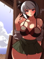 Rule 34 | 1girl, aged up, alternate breast size, alternate eye color, arm behind back, bare shoulders, blue sky, blunt bangs, blush, bob cut, bra, breast press, breasts, cleavage, cloud, collarbone, commentary request, cowboy shot, curvy, day, fanning self, green skirt, hairband, head tilt, highres, horizon, hot, konpaku youmu, large breasts, looking at viewer, miniskirt, no pupils, ocean, open clothes, open mouth, open shirt, outdoors, pleated skirt, purple eyes, rock, shack, shade, shiny skin, shirt, shirt down, short hair, short sleeves, silver hair, skirt, sky, solo, thick thighs, thigh gap, thighs, touhou, triangle mouth, ueda katsuhito, underwear, white shirt, wide hips, wind