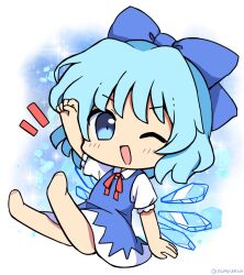 Rule 34 | 1girl, arm up, barefoot, blue bow, blue dress, blue eyes, blue hair, blush, bow, chibi, cirno, collared shirt, commentary, detached wings, dress, fairy, hair bow, highres, ice, ice wings, looking at viewer, one eye closed, open mouth, ramudia (lamyun), shirt, short hair, short sleeves, smile, solo, touhou, twitter username, white shirt, wings