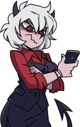 1girl, absurdres, ahoge, annoyed, black horns, black nails, black vest, bob cut, bracelet, breasts, chrzanek97, closed mouth, collared shirt, cowboy shot, demon, demon girl, demon horns, demon tail, formal, frown, glaring, helltaker, highres, holding, holding phone, horns, jewelry, looking at phone, malina (helltaker), nail polish, official style, phone, red eyes, red shirt, shaded face, shirt, short hair, solo, suit, tail, transparent background, v-shaped eyebrows, vector trace, vest, waistcoat, wavy mouth, white hair