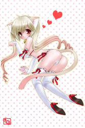 Rule 34 | 1girl, all fours, animal ears, artist name, bell, blonde hair, blush, bow, bra, bridal gauntlets, cat ears, cat girl, cat tail, chikkuru, elbow gloves, female focus, fingerless gloves, gloves, gradient hair, heart, high heels, jingle bell, looking at viewer, looking back, multicolored hair, open \m/, original, panties, paw pose, pink hair, polka dot, polka dot background, red eyes, ribbon, shiny skin, shoes, side-tie panties, simple background, skindentation, solo, tail, thighhighs, twintails, underwear