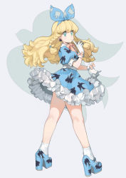 Rule 34 | 1girl, animal print, bad id, bad pixiv id, blonde hair, blue dress, blue eyes, blue footwear, bow, braid, dress, earrings, finger to mouth, frills, from side, full body, glove bow, gloves, grey background, hair bow, hair ribbon, high heels, jewelry, legs, legs apart, long hair, original, pinky out, platform footwear, print dress, puffy short sleeves, puffy sleeves, ribbon, riqurr, shoes, short sleeves, side braid, simple background, skirt hold, socks, solo, standing, twin braids, white gloves, white socks