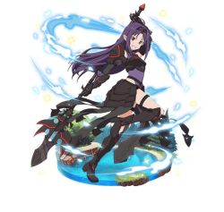 Rule 34 | 1girl, arm up, armor, black footwear, boots, breastplate, detached sleeves, faux figurine, floating hair, from side, full body, gauntlets, grin, holding, holding weapon, knee boots, leg up, leotard, long hair, looking at viewer, pointy ears, polearm, purple hair, purple leotard, red eyes, simple background, smile, solo, sword art online, thigh strap, very long hair, weapon, white background, yuuki (sao)