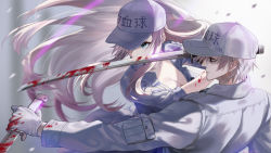 Rule 34 | 1boy, 1girl, black eyes, blood, blood on clothes, bloody weapon, blue eyes, breasts, character name, cleavage, gloves, hataraku saibou, hataraku saibou black, highres, large breasts, long hair, open clothes, peach luo, pocket, u-1146, u-1196, weapon, white blood cell (hataraku saibou), white gloves, white headwear