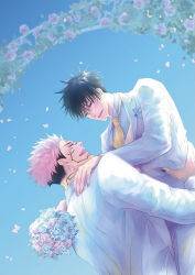 Rule 34 | 2boys, black hair, black nails, blue flower, bouquet, couple, e29090, closed eyes, facial tattoo, flower, formal, fushiguro megumi, green eyes, happy, holding, holding bouquet, husband and husband, jacket, jujutsu kaisen, lifting person, long sleeves, looking at another, male focus, multiple boys, nail polish, necktie, outdoors, pants, petals, pink flower, pink hair, ryoumen sukuna (jujutsu kaisen), short hair, spiked hair, suit, tattoo, undercut, white jacket, white pants, white suit, yaoi