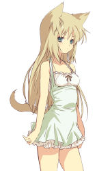 1girl animal_ears arched_back bare_shoulders bow breasts brown_hair cat_ears cat_tail dress female_focus frilled_dress frills green_eyes halterneck long_hair mamecchi neko_no_wakusei original small_breasts solo tail