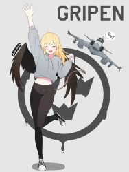 Rule 34 | 1girl, :d, ahoge, aircraft, airplane, artist name, atamonica, bird wings, black pants, blonde hair, blush, closed eyes, fang, fighter jet, hood, hoodie, jet, long hair, midriff, midriff peek, military, military vehicle, open mouth, original, pants, personification, saab gripen, shoes, smile, speech bubble, standing, standing on one leg, swedish text, tail, waving, wings