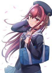 Rule 34 | 1girl, bag, beret, black choker, black hat, black jacket, blue bow, blue skirt, bow, choker, commentary request, cowboy shot, from side, hair between eyes, hat, heterochromia, holding, holding bag, hololive, houshou marine, houshou marine (school uniform), jacket, looking at viewer, looking to the side, official alternate costume, orange eyes, pink petals, plaid, plaid bow, red hair, s (hdru2332), school uniform, skirt, solo, virtual youtuber, white background, yellow eyes