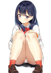Rule 34 | 10s, 1girl, black hair, black skirt, blue eyes, blush, bow, bowtie, brown footwear, cardigan, closed mouth, collared shirt, commentary request, gridman universe, hair between eyes, hands on own knees, highres, hikashou, loafers, long hair, long sleeves, orange scrunchie, panties, red bow, red bowtie, red socks, revision, scrunchie, shirt, shoes, simple background, sitting, skirt, socks, solo, ssss.gridman, takarada rikka, underwear, white background, white cardigan, white panties, white shirt, wrist scrunchie