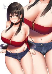 Rule 34 | 1girl, absurdres, bare shoulders, black hair, black panties, blush, breasts, brown eyes, buttons, choker, cleavage, denim, denim shorts, earrings, heart, heart earrings, highleg, highleg panties, highres, huge filesize, jewelry, large breasts, long hair, looking at viewer, midriff, navel, open mouth, original, panties, short shorts, shorts, sidelocks, simple background, solo, underwear, white background, yuzuri ai, zoom layer