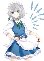 Rule 34 | 1girl, apron, between fingers, blue eyes, blue skirt, bow, braid, closed mouth, collared shirt, commentary request, frown, green bow, grey hair, hair bow, holding, holding knife, izayoi sakuya, knife, knives between fingers, looking at viewer, maid, maid apron, maid headdress, raki (for03ge), shirt, skirt, solo, touhou, twin braids, waist apron, white apron, white shirt