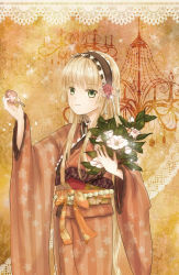 Rule 34 | 1girl, blonde hair, border, bouquet, chandelier, doily, floral print, flower, gem, gosick, green eyes, hairband, highres, japanese clothes, kimono, lace, lace background, lace border, lolita fashion, long hair, ornate border, pearl (gemstone), smoking pipe, solo, striped, victorica de blois, wide sleeves, yutuki1612