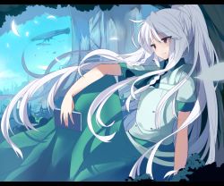 Rule 34 | 1girl, braid, flat chest, holding, letterboxed, long hair, mishima kurone, original, red eyes, sitting, smile, solo, tierra azur, very long hair, white hair