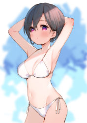 Rule 34 | 1girl, :o, armpits, arms behind head, arms up, bare arms, bare shoulders, bikini, black hair, blurry, blurry background, blush, breasts, cleavage, commentary, depth of field, groin, hair between eyes, highres, looking at viewer, medium breasts, meito (maze), navel, original, parted lips, purple eyes, side-tie bikini bottom, solo, swimsuit, symbol-only commentary, white bikini