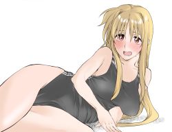 Rule 34 | 1girl, black one-piece swimsuit, blush, breasts, competition swimsuit, elf (stroll in the woods), fate testarossa, highres, large breasts, long hair, looking at viewer, lying, lyrical nanoha, mahou shoujo lyrical nanoha, on side, one-piece swimsuit, solo, sweat, swimsuit, thighs, white background