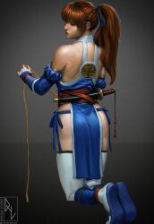 Rule 34 | 1girl, absurdres, ass, bare shoulders, brown hair, dead or alive, dead or alive 6, from behind, highres, kasumi (doa), long hair, ninja, pelvic curtain, ponytail, rleverite, sword, thighhighs, weapon