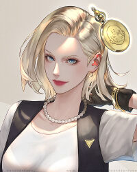 Rule 34 | 1girl, android 18, bead necklace, beads, black gloves, black vest, blonde hair, blue eyes, closed mouth, cyborg, dragon ball, dragonball z, earrings, gloves, hand in own hair, jewelry, kuririn, lips, looking at viewer, medium hair, necklace, red lips, short sleeves, simple background, smile, vest, wandzardeen, watermark, web address