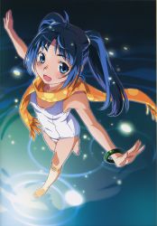 Rule 34 | 1girl, absurdres, arms at sides, bandaid, bandaid on knee, bandaid on leg, barefoot, blue eyes, blue hair, bracelet, character request, feet, highres, jewelry, light particles, long hair, matching hair/eyes, one-piece swimsuit, open mouth, outstretched arms, scarf, school swimsuit, solo, spread arms, swimsuit, toes, twintails, watanabe akio, white school swimsuit, white one-piece swimsuit