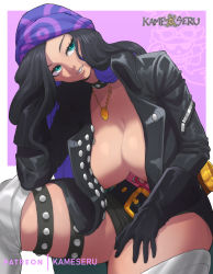 Rule 34 | 1girl, artist name, bandana, belt, black hair, breasts, choker, coat, gloves, green eyes, hand rest, huge breasts, jewelry, kameseru, leaning to the side, light smile, long hair, long sleeves, multicolored hair, nico robin, nipple slip, nipples, no bra, official alternate costume, one piece, one piece film: red, open clothes, open coat, parted lips, patreon username, pendant, purple hair, short shorts, shorts, sitting, solo, thigh strap, thighhighs, two-tone hair, very long hair