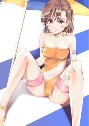 Rule 34 | 1girl, absurdres, asymmetrical bangs, blush, bokoboko, breasts, brown eyes, brown hair, casual one-piece swimsuit, cleavage, collarbone, day, highres, looking at viewer, misaka mikoto, one-piece swimsuit, orange one-piece swimsuit, outdoors, parasol, parted lips, short hair, sitting, small breasts, solo, spread legs, strapless, strapless one-piece swimsuit, swimsuit, thigh strap, toaru majutsu no index, umbrella