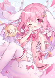 Rule 34 | 1girl, ;d, absurdres, animal ears, blush, bow, bowtie, child, commission, dress, hair between eyes, hanasaki chiyu, highres, holding, indie virtual youtuber, long hair, looking at viewer, mimikkyu (mimikyunosub), one eye closed, open mouth, pink bow, pink bowtie, pink dress, pink eyes, pink hair, pink ribbon, rabbit ears, ribbon, sailor dress, short sleeves, sitting, smile, solo, swing, thighhighs, virtual youtuber, white thighhighs, yume kawaii, zettai ryouiki
