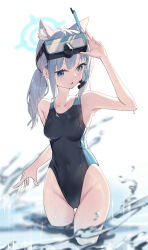 Rule 34 | 1girl, absurdres, animal ears, bad anatomy, bare arms, bare legs, bare shoulders, black one-piece swimsuit, blue archive, blue eyes, blue halo, blush, breasts, competition swimsuit, cowboy shot, extra ears, goggles, goggles on head, grey hair, groin, hair between eyes, halo, highres, medium breasts, medium hair, official alternate costume, one-piece swimsuit, open mouth, rafrog, shiroko (blue archive), shiroko (swimsuit) (blue archive), solo, swimsuit, water, wolf ears